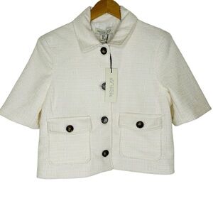 NEW Rachel Zoe Cropped Jacket Blazer Cream Textured Tweed MEDIUM Half Sleeve